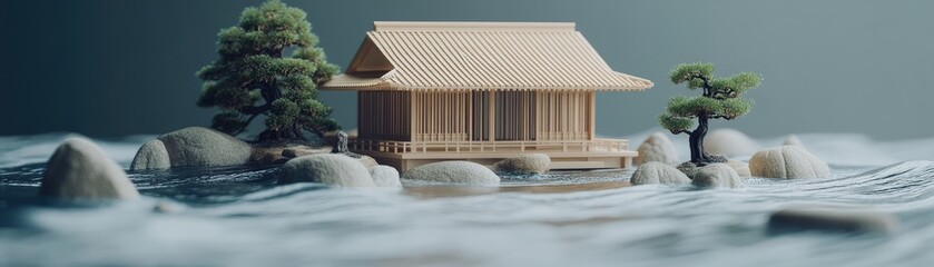 A serene model of a traditional house amidst rocks and water, evoking tranquility.