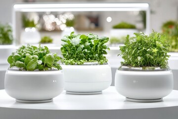 Fototapeta premium An urban apartment with a smart indoor farming system, growing herbs and leafy greens in a sleek, compact setup
