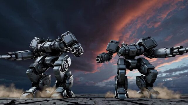 Combat mechs facing each other across a cracked battlefield with sleek armor, glowing sensors, and dramatic red-orange clouds from distant explosions.

