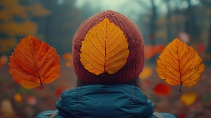 Person in a knitted hat with falling autumn leaves in a forest
