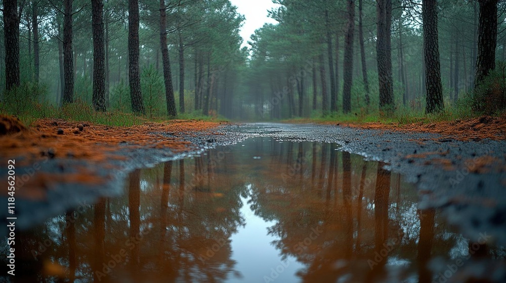 Poster rainy day reflection in a forest path