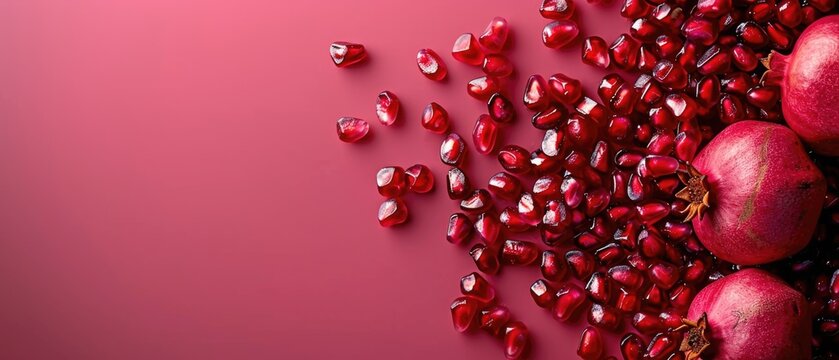 Red fresh pomegranate seeds scattered on colorful background. Macro photography of pomegranate seeds scattering around at colorful background. Flat lay composition with copy space. Superfoods. AIG55. - Powered by Adobe