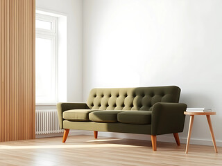 Cozy Home Living Room Interior Featuring a Comfortable Lounge Area, Large Window, and Mockup Wall for Design Ideas