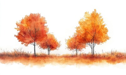 A serene landscape featuring four vibrant autumn trees in shades of orange against a soft background.