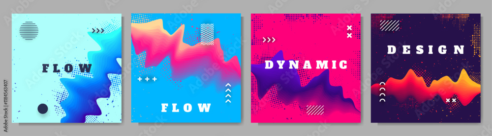 Aufkleber vector illustration. modern art graphic. dynamic bright flow elements with paint splash and halftone
