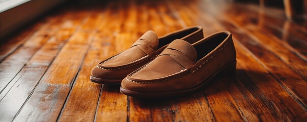 Product photography of brown loafers on a wooden floor. Wuiet luxury or wedding concept.