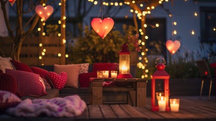 Romantic balcony decorated for Valentine's Day with red and pink balloons, heart-shaped garlands, soft candlelight, cozy seating area with floral decorations, creating peaceful, intimate atmosphere.