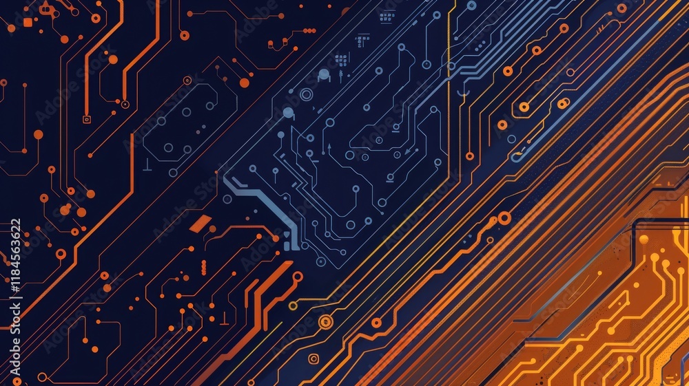 Poster a vibrant abstract design featuring a gradient of navy blue and orange, showcasing intricate circuit