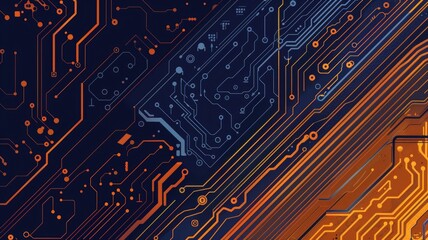 A vibrant abstract design featuring a gradient of navy blue and orange, showcasing intricate circuit-like patterns. Ideal for technology and digital themes.