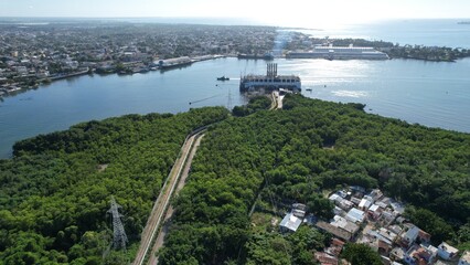Powerplant ship next to a harbor seen Frome drone. 