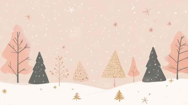 A simple illustration of trees in the snow in beige and pink pastel colors with stars in a clip art style, banner with copy space. Suitable for holiday-themed social media posts or web graphics. 