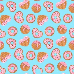 Seamless pattern with heart-shaped cookies on a blue background, illustration for Valentine's Day 