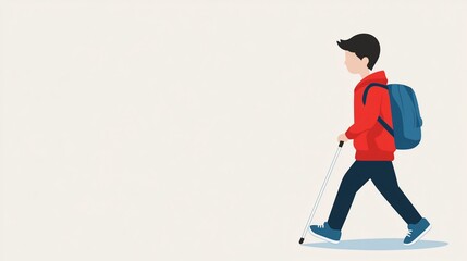 Obraz premium Flat Illustration of a Child Walking with a Cane and Backpack, Emphasizing Inclusivity and Accessibility in Modern Design and Education