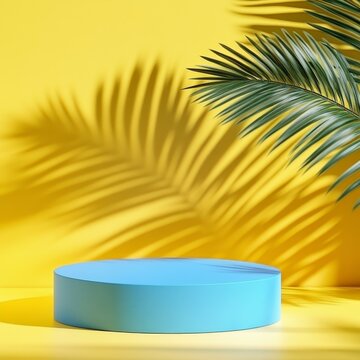 Pastel Blue Cylinder Display Podium with Palm Leaf Shadow