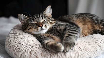 Tabby cat sleeps cute pillow concept. A content tabby cat peacefully sleeping on a soft, round pet bed, radiating tranquility and comfort.