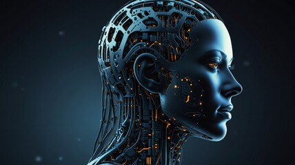  futuristic humanoid robot with a translucent body showing circuits and data streams. Banner, Copy space.