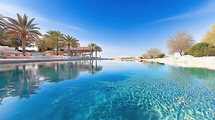 Crystal-clear pool reflects palm trees and azure sky