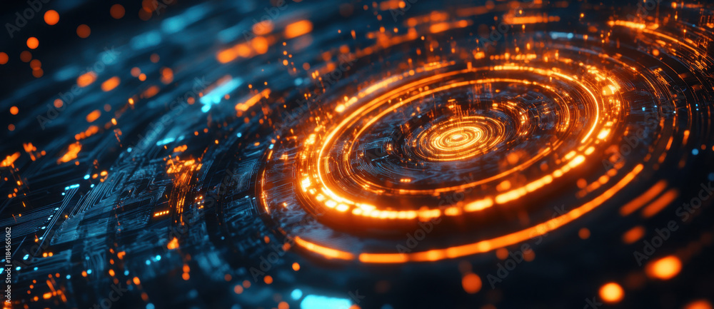 Aufkleber glowing circular patterns with vibrant orange and blue hues intertwine, forming a captivating abstra