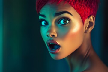 Attractive very stunned mixed-race girl - for ads, ad page and web use. Commercial commercial idea creative layout. Short hairdo - red hair. Colored hair ideas. Creative concept. Chic haircut.
