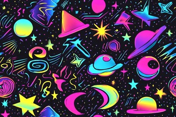 Cosmic Geometry: Neon Shapes & Stars Dance Across Night Sky