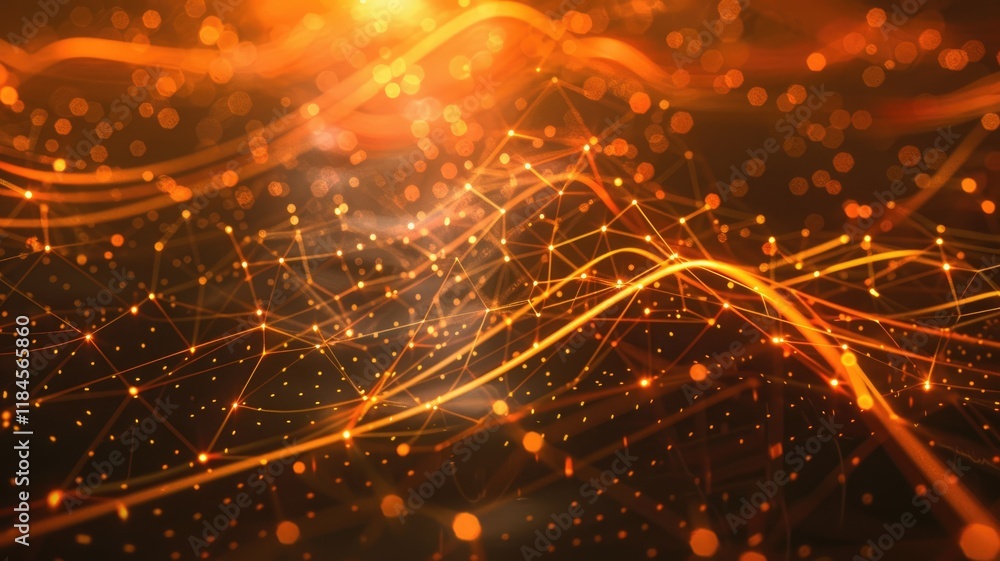 Poster this abstract image features a dynamic network of converging lines and dots, conveying a sense of mo