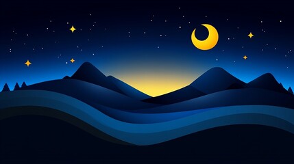 Obraz premium Serene nightscape: crescent moon, stars, and silhouetted mountains create a tranquil scene.