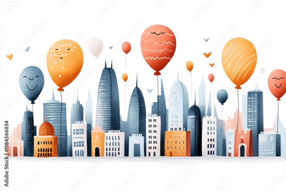 Poster a whimsical drawing of the dubai skyline with smiling buildings and floating balloons, set against a