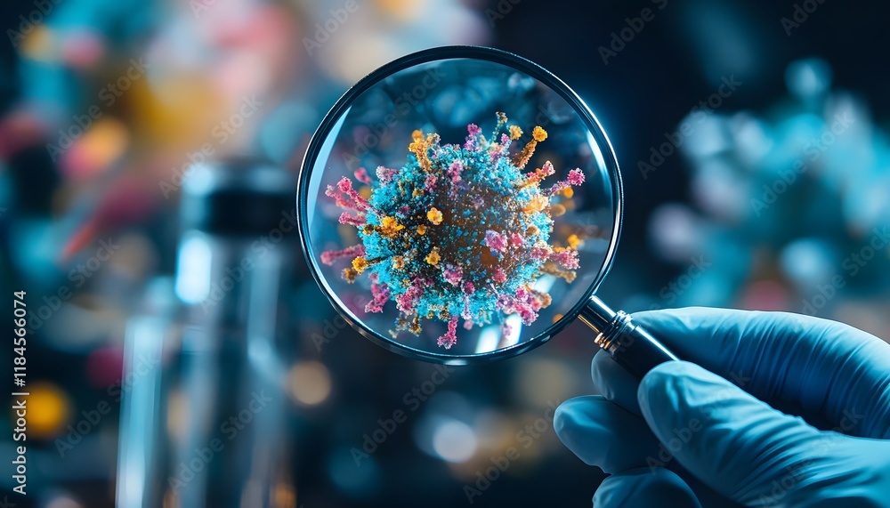 Aufkleber Close-Up View of a Colorful Virus Model Under a Magnifying Glass in a Laboratory Setting Highlighting Scientific Research and Microbiology Concepts