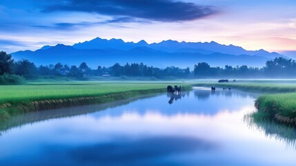 Fototapeta premium Serene dawn landscape: tranquil river, grazing animals, majestic mountains