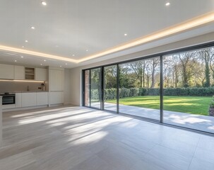 A large open living room with a kitchen and a large window