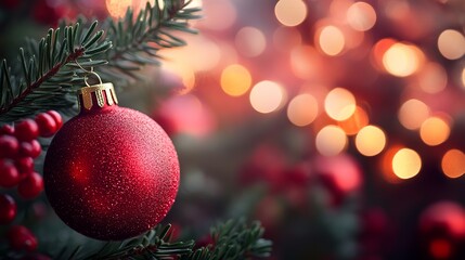 Obraz premium Red Christmas Ornament on Fir Branch with Bokeh Lights