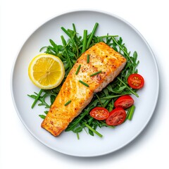 An isolated image of baked cod with lemon sauce, displayed on a transparent surface.