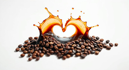 Coffee splash forming heart over roasted beans perfect for coffee lovers and cafes