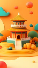 Chinese Pagoda Illustration in Vibrant Colors