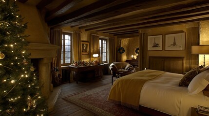 Cozy bedroom decorated for the holidays with a Christmas tree and warm lighting.