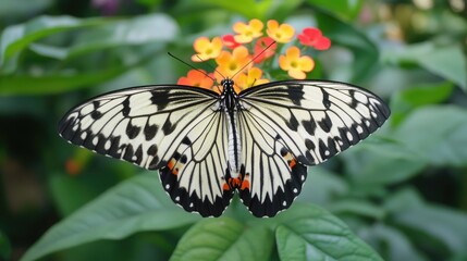 Obraz premium A butterfly with its wings open, sitting on a bright flower in a tranquil garden setting.