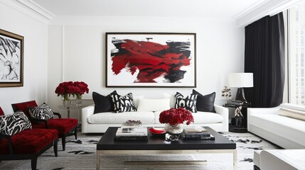 A chic and modern living room with a black and white color palette, sharp lines, and a statement art piece above the sofa.