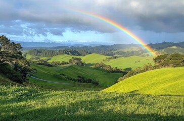 Fototapeta premium A rainbow is seen in the sky above a green field