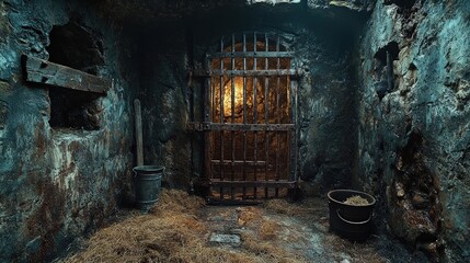 Dark cellar with old metal gate, stone walls, buckets, and hay.