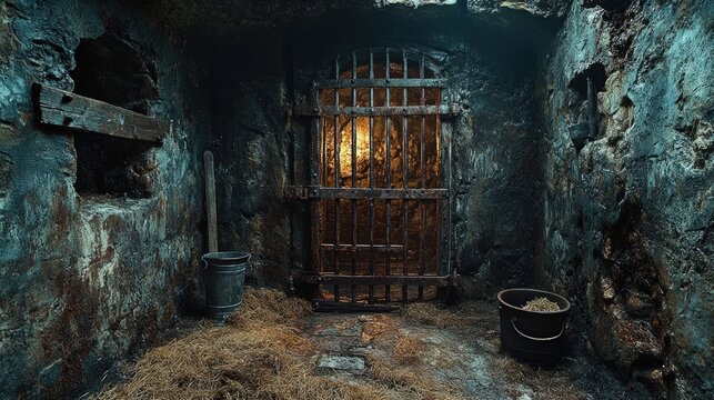 Dark cellar with old metal gate, stone walls, buckets, and hay.