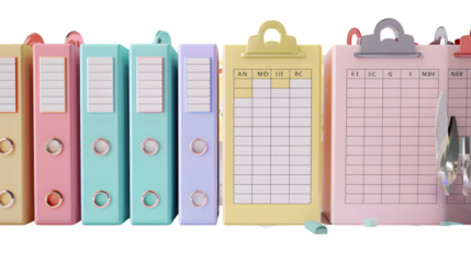 Many bright office folders isolated on white background