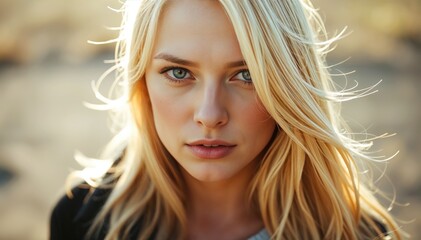 Naklejka premium Close up portrait of young woman with long blonde hair outdoors in natural light expression is serious and captivating