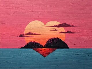 A layered acrylic painting of a sunset over a heartshaped island, evoking a dreamy Valentine atmosphere