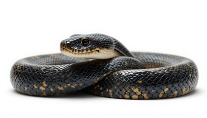 Fototapeta premium Close-up of a Black and Gold Snake coiled on white background