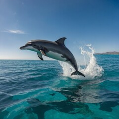 Fototapeta premium A vaquita dolphin jumping out of a luminous turquoise sea.