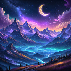 Obraz premium Ethereal Mountain Landscape: Mystical Glowing Skies with Auroras, Stars, and Fireflies