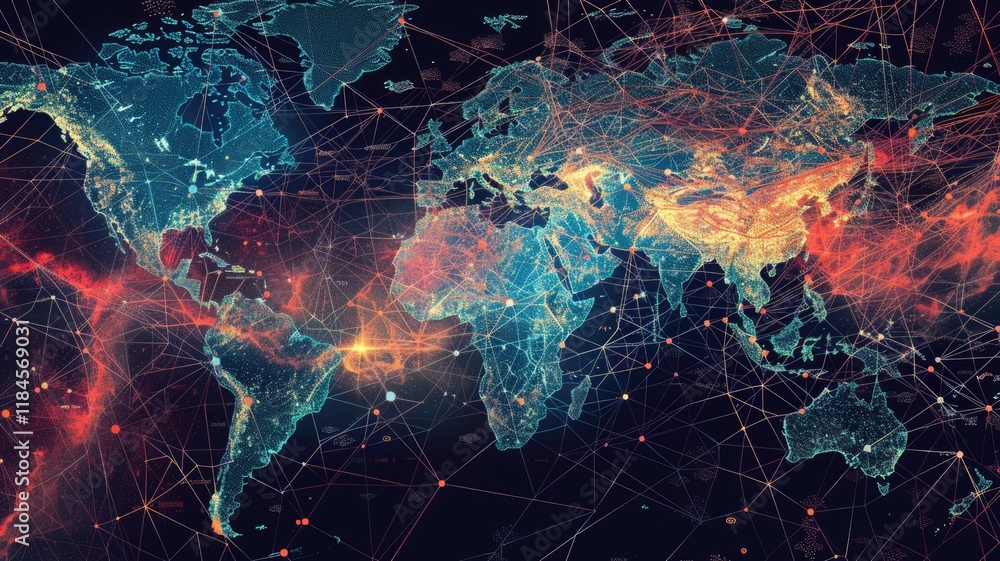 Poster this abstract visualization showcases a global network, illustrating connections and interactions ac