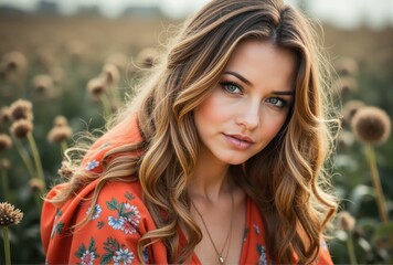 Naklejka premium Portrait of Woman with Long Brown Hair in Orange Floral Dress