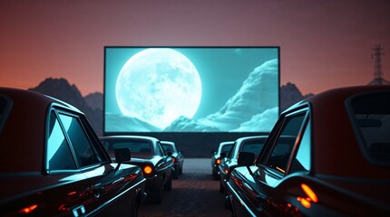 Retro cars in front of a large screen with a movie. Classic drive-in theatre wallpaper