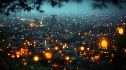 Naklejka premium Rainy Night Cityscape: A Blurred View of Lights and Rain